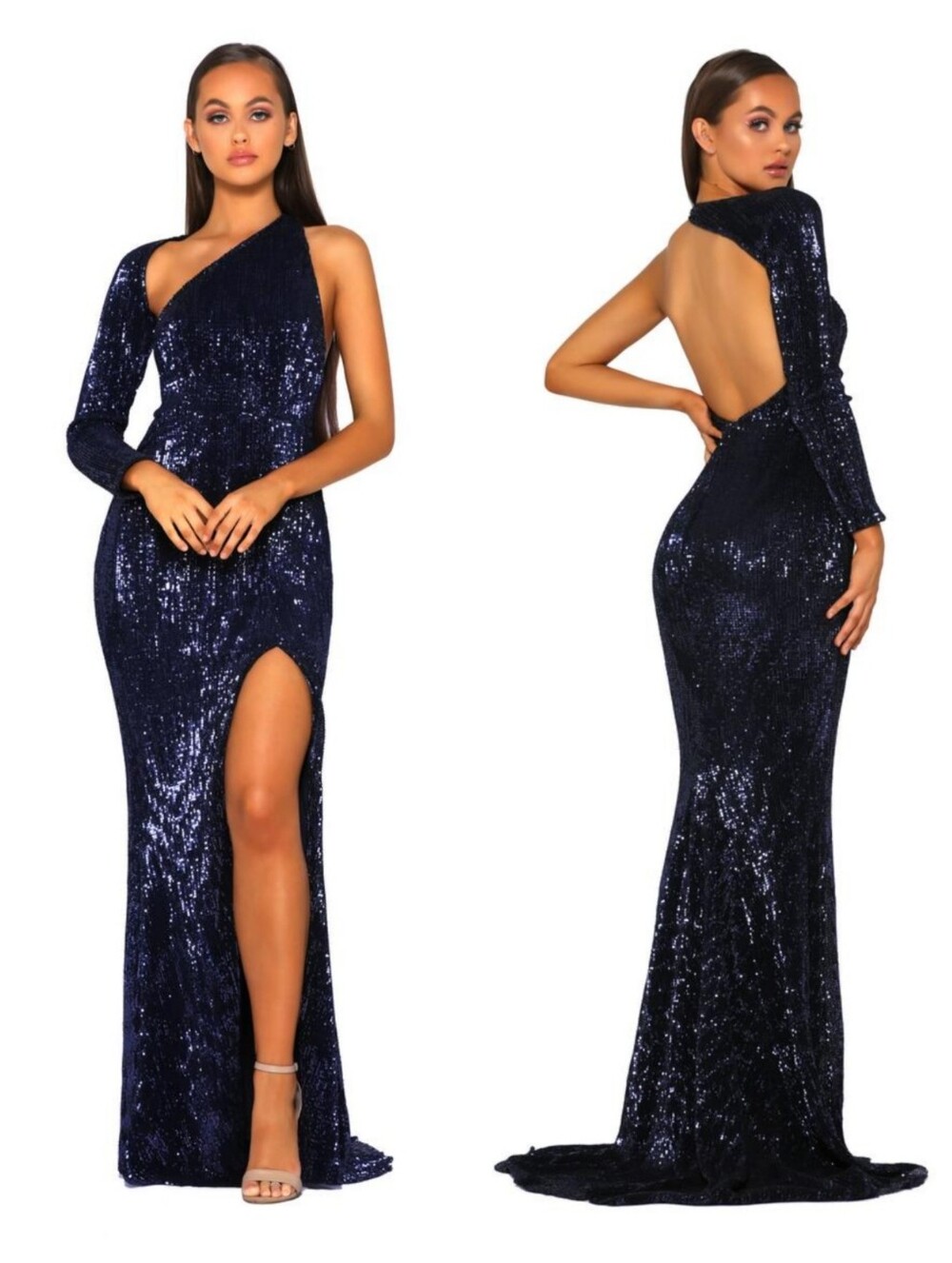 Portia and Scarlett Sequin One Shoulder Gown Navy Blue PS2045S